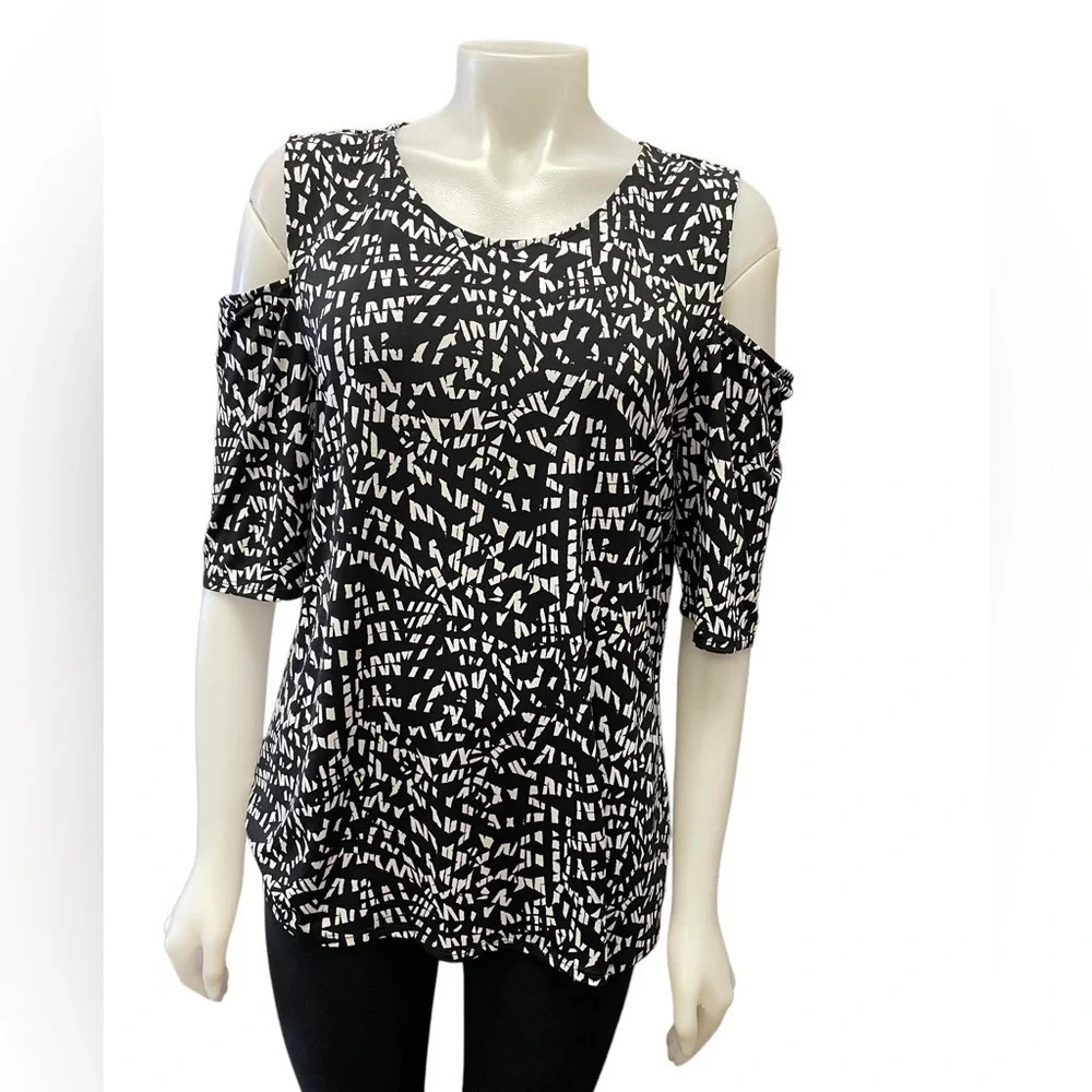 Vince Camuto Stretchy Blouse Short Sleeve  Cold Shoulder Geometric Size XL